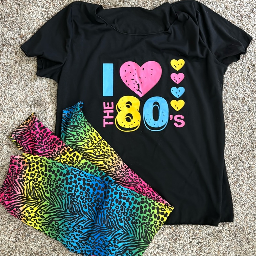 Women’s misses large I Love The 80s Eighties black and neon costume leopard leg
